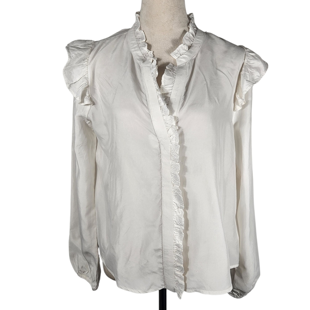 Evereve Thea Ruffle Button Down Blouse Women's Sz M White Ivory Long Sleeve